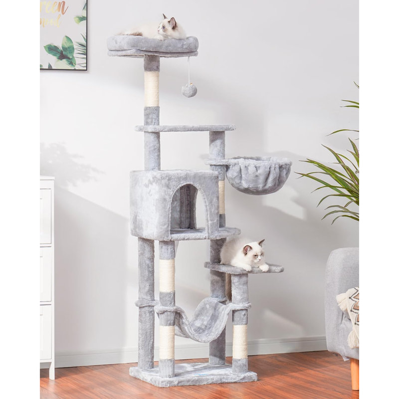 Arbre à chat avec grand hamac, tour de chat à plusieurs niveaux pour chats d'intérieur, condo pour chat avec poteaux à griffes recouverts de sisal et perchoir supérieur, MPJ050W