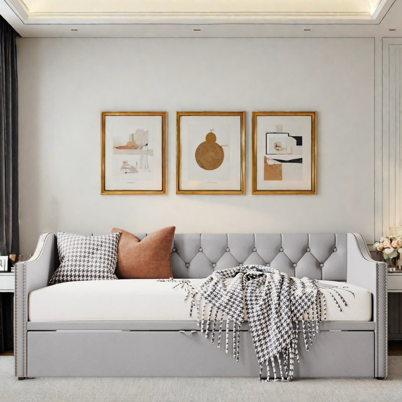 Upholstered Daybed With Pop Up Trundle, Gray