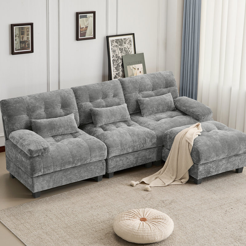Avec une capacité de poids de 350 lb pour chaque siège, réglable en 3 + 1 et 4 positions de 93 pouces, chenille grise, 3 coussins décoratifs élégants, profondeur de 84,34 pouces, préférences en matière de confort personnel