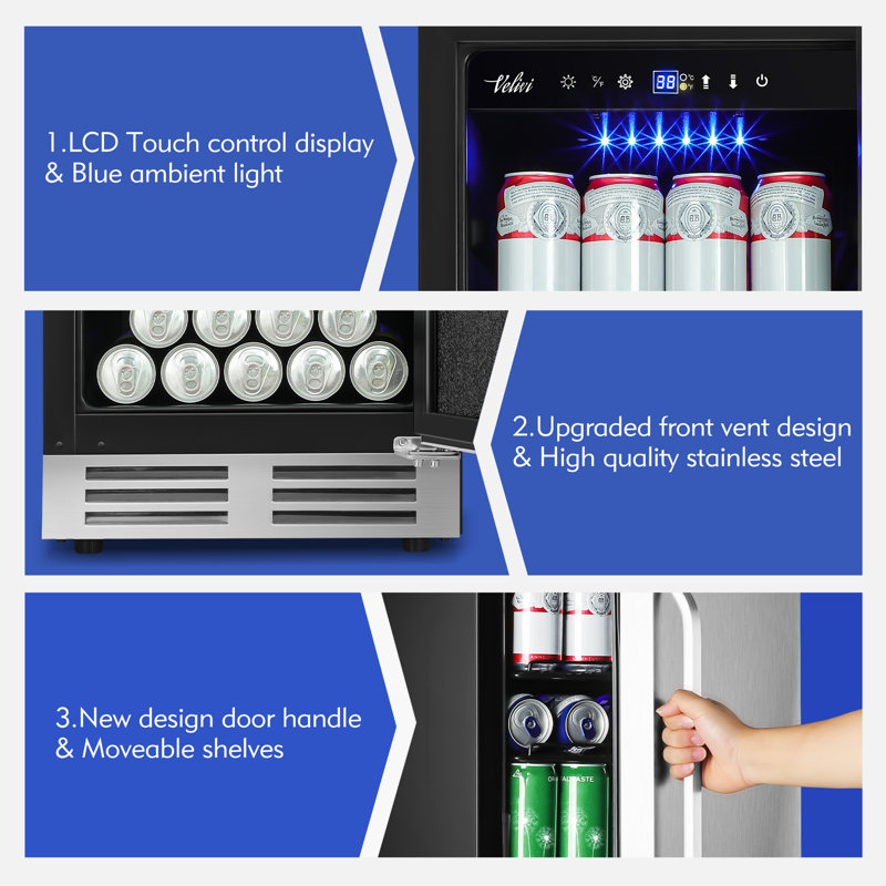 Velivi 127 Cans 3.1 Cubic Feet Built-In & Freestanding Beverage Refrigerator with Digital Control, Security Lock, and Blue LED Light