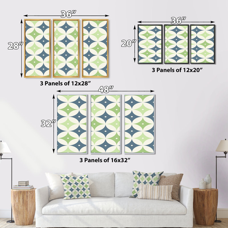 «Retro Geometric Design V», reproduction de cadre photo sur toile 3 pièces, H 32 po x l 48 po x P 1 po, Cadre blanc