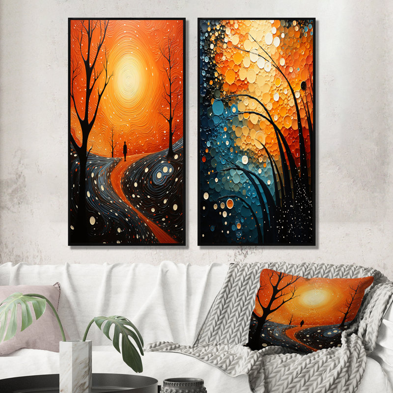 «Orange Tree Aérial Dance Pointillism», 2 pièces sur toile, H 32 po x l 32 po, Cadre noir