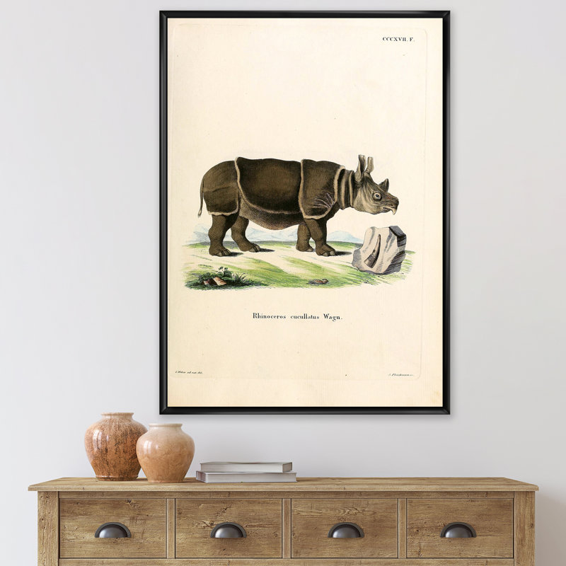 Rhinocéros rétro - peinture sur toile, H 32 po x l 24 po x P 1 po, Cadre flottant noir