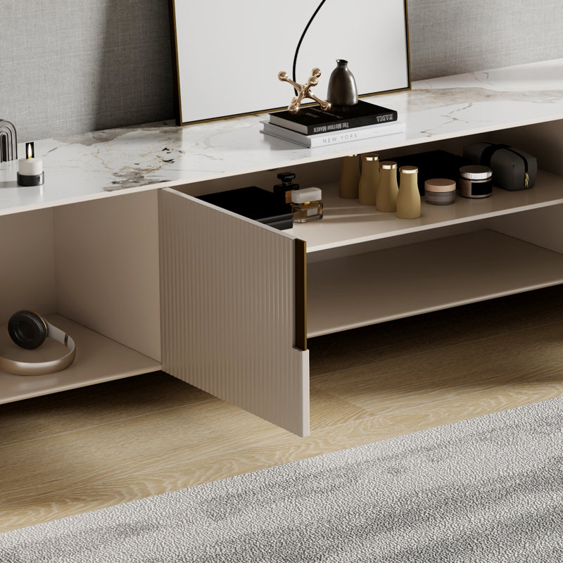Console multimédia 78,7 po avec 3 armoires, couleur blanche, plateau de table en pierre frittée, non assemblé