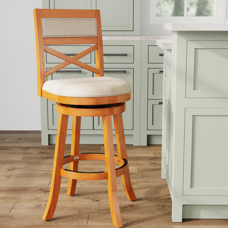 Tabouret de bar 30 po à finition naturelle avec siège pivotant Allure en tissu beige et coussin naturel embelli, Naturel