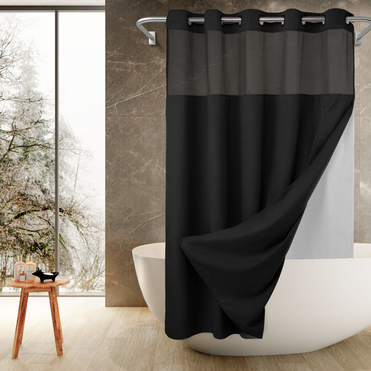 Ramjani Waffle Weave Shower Curtain With Snap in Liner, Sheer Window
