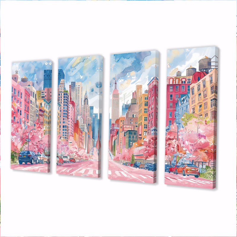 Ensemble de reproductions d'art murales roses et bleues de New York, H 28 po x l 48 po