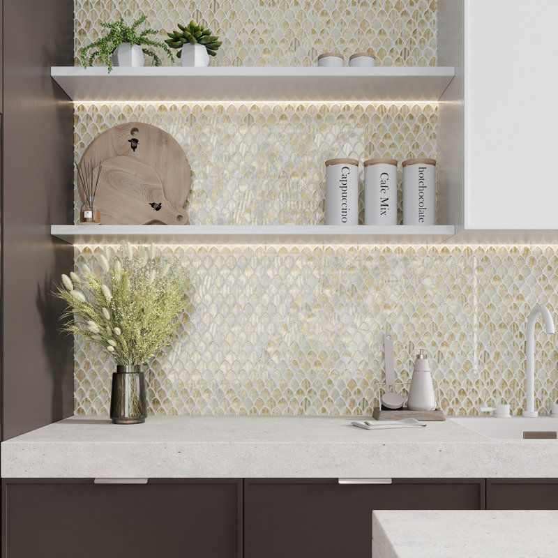 Majeste 0.5" x 2" Glass Fish Scale Mosaic Wall & Floor Tile, White/Gold