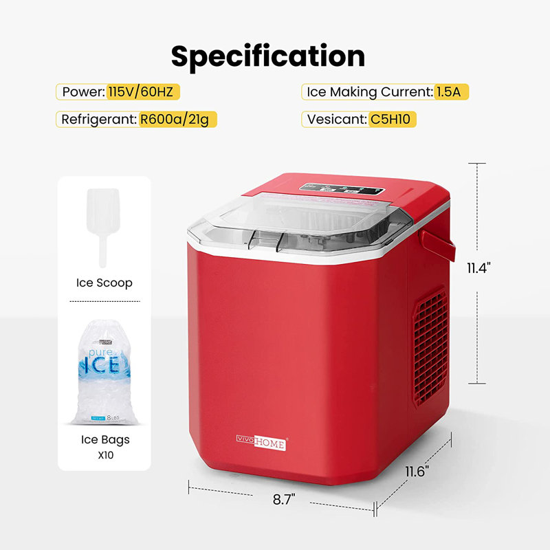 VIVOHOME 26 Lb. Daily Production Bullet Clear Ice Portable Ice Maker, Red