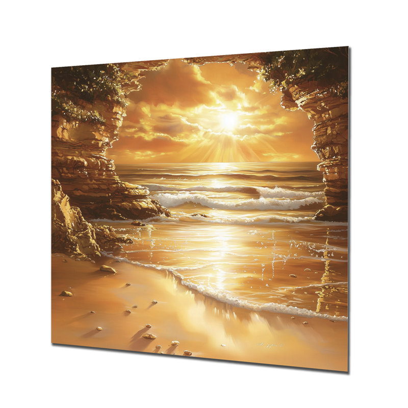 Beachside Cliff At Sunrise II - plage, décoration murale en métal, impression métallique nautique, H 16 po x l 16 po