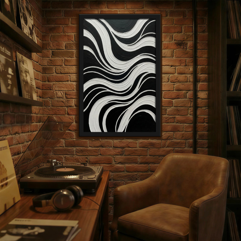 Motif abstrait ondulé abstrait noir et blanc, H 30 po x l 20 po