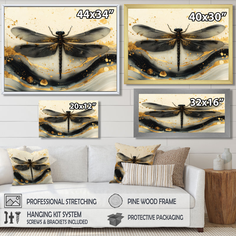 Muneesa Golden Dragon Fly Flight of Elegance - Libellule, art mural, H 12 po x l 20 po, Toile tendue, Ne s’applique pas