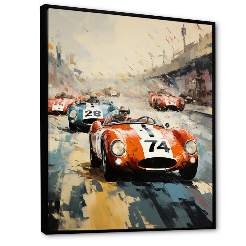 «Vintage Race Car Rally 3 - Race Tracks», art mural rétro, Cadre flottant noir, 44" H x 34" W