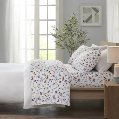 Ensemble de draps 4 pièces pour lit très grand avec imprimé village blanc, flanelle 100% coton, doux au toucher ultra doux, avec draps plats et ajustés 2 taies d'oreiller, convient à un matelas de taille très confortable