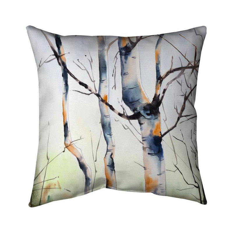 Three small birch trees - 20"x20" Throw pillow - Poly twill - Print on demand, Blue/Orange, 20" x 20"