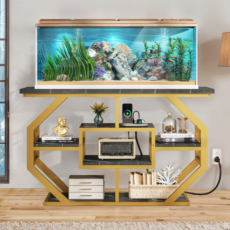 Support d'aquarium rectangulaire Erynn, Marbre noir / Or