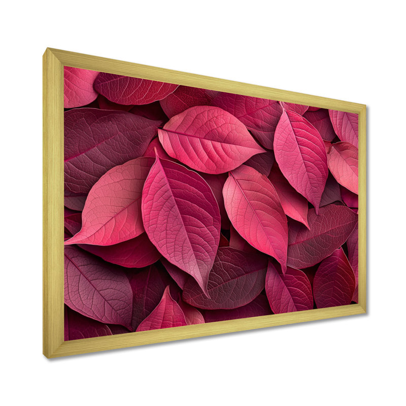 «Crimson Leaves Dancing Rose III» - feuilles, art mural, H 12 po x l 20 po, Floater Framed, Doré