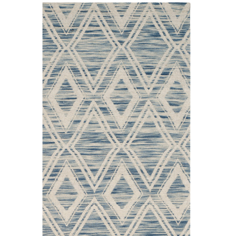 Tapis bleu foncé / ivoire à motif géométrique tissé à plat Amritpal, Tapis de couloir 2 pi 3 po x 6 pi