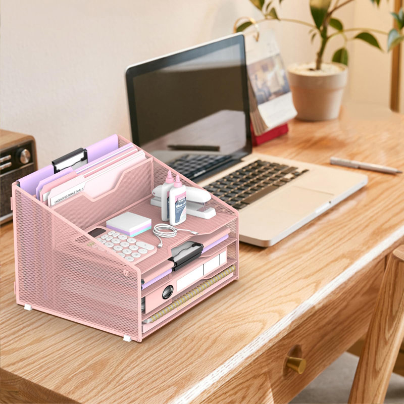 Organisateur de dossiers de bureau, 4 plateaux à lettres et 2 sections verticales, organisateur de papier pour bureau avec bacs à lettres à niveaux et porte-documents verticaux (rose)