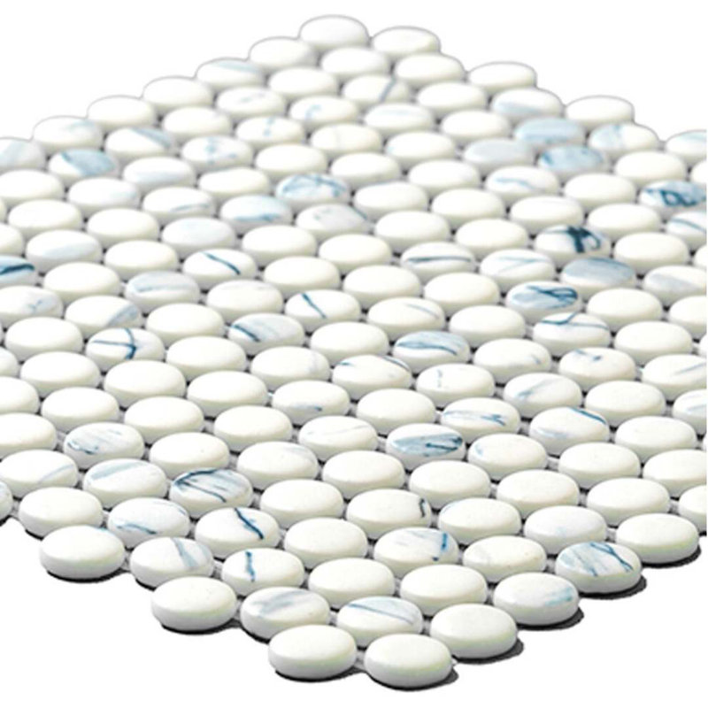 Eterna Penny 12"x12" Recycled Glass Mosaic Tile, Calacatta Blue