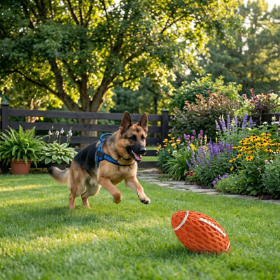 Squeaky Bacon Flavored Rubber Dog Ball for Power Chewers, Large Orange Floating Fetch Outdoor Football, Durable Interactive Toy for Medium & Large Dogs
