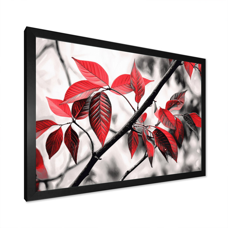 Feuilles rouges et grises sur un arbre II, H 34 po x l 44 po x P 1,5 po, Cadre photo noir