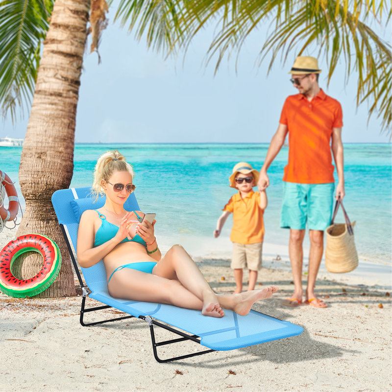 Foldable Beach Chair With Adjustable Back & Breathable Mesh, Blue Yard Sunbathing Lounge - Blue. Folding Outdoor Reclining Feature. Mesh Seat And . For Comfortable Positions. Portable Garden, Patio,