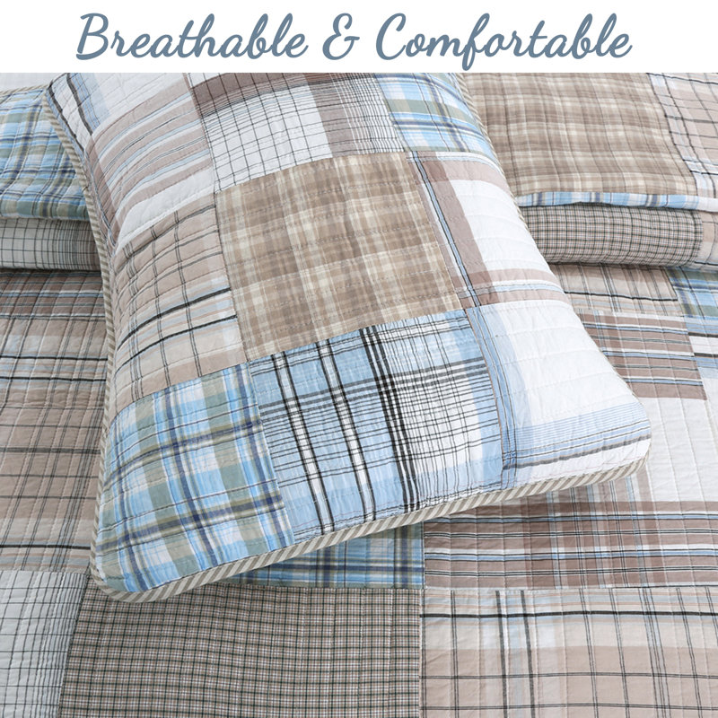 Blue and Brown Cotton Patchwork Queen Reversible Quilt Set