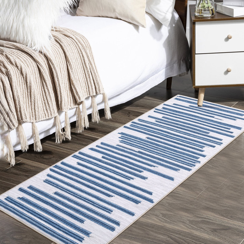 Tapis contemporain délavé à motifs abstraits et lavables avec lignes à rayures, bleu, Tapis de couloir 2 pi x 6 pi