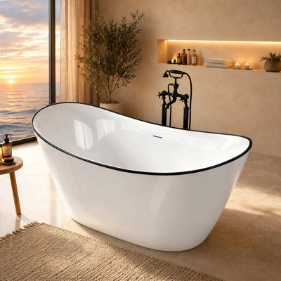 Baignoire de salle de bain autoportante 51 po. X 27,56 po. En acrylique brillant blanc brillant avec double garniture noire brillante et trop-plein avec drain noir