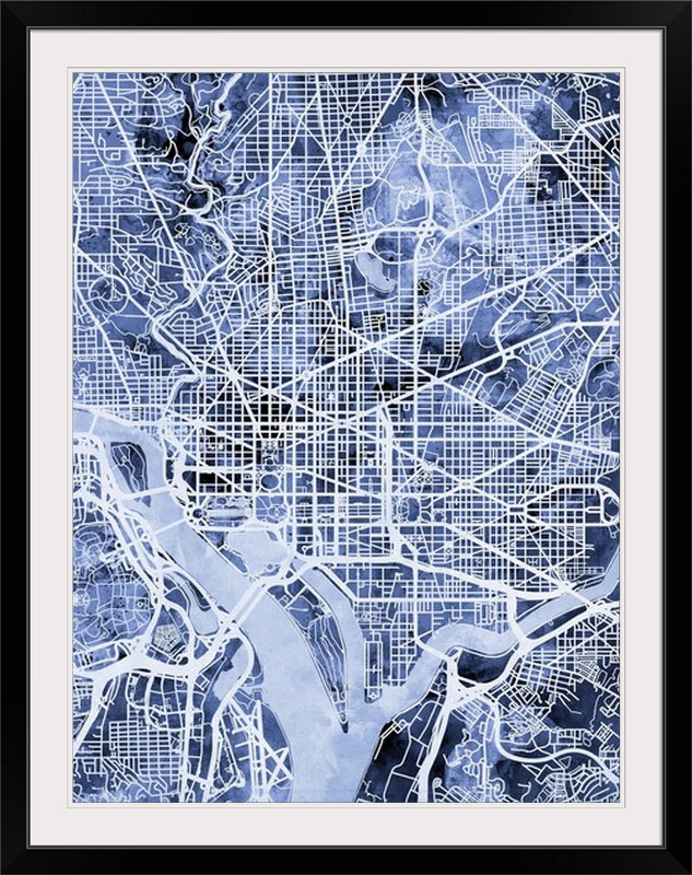 «Washington DC Street Map» par Bellen, impression, Cadre noir, H 24 po x l 20 po x P 1 po