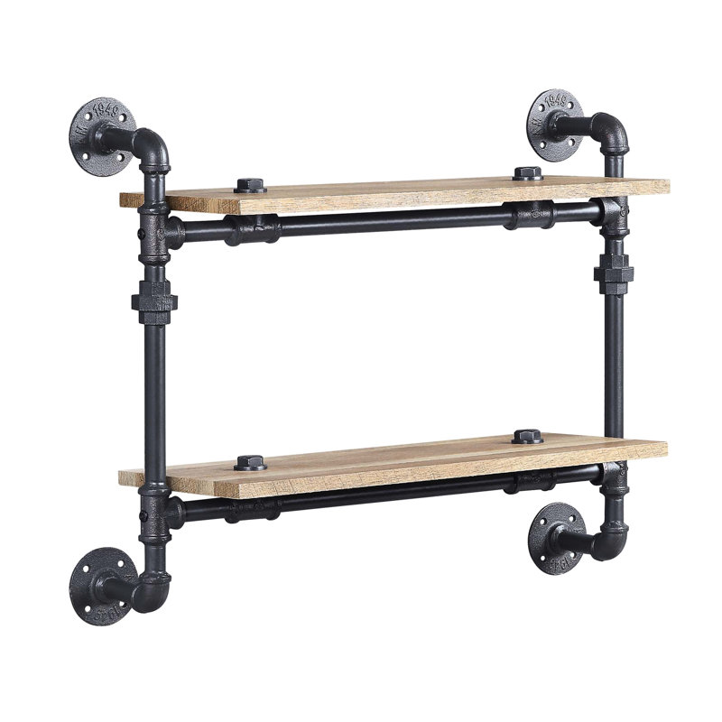 Étagère murale à 2 niveaux, chêne et noir sable, structure en métal, style tuyau d'eau, étagère de 23 cm de large, fini de 30 cm, idéale pour la décoration de bureau, métal, Gap Home Storage