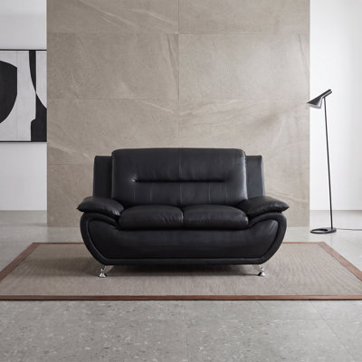 61‘’Black Modern Faux Leather 2‑Seat Loveseat with Metal Legs，Solid Wood Frame High‑Density Memory Foam