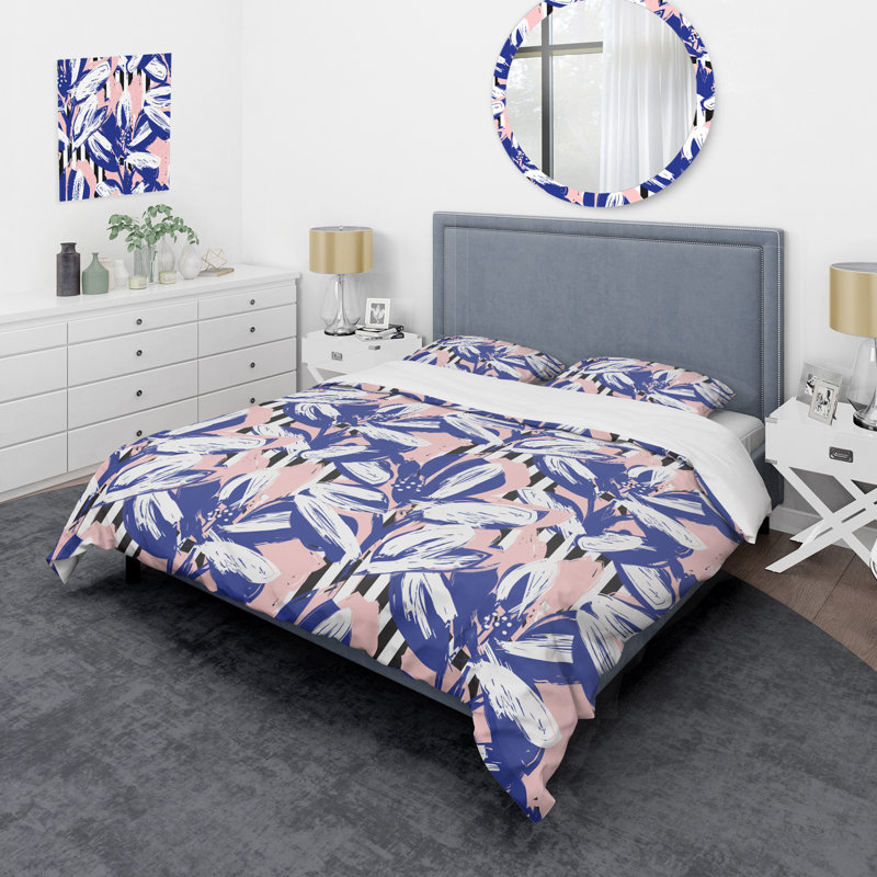 Pink And Blue Floral Striped Polyester Abstract Duvet Cover