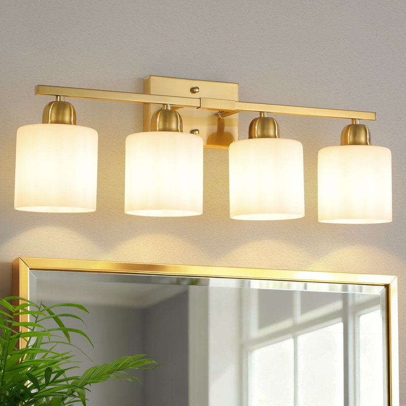 Éclairage pour meuble-lavabo de salle de bain avec abat-jour en verre blanc givré, Doré, 4