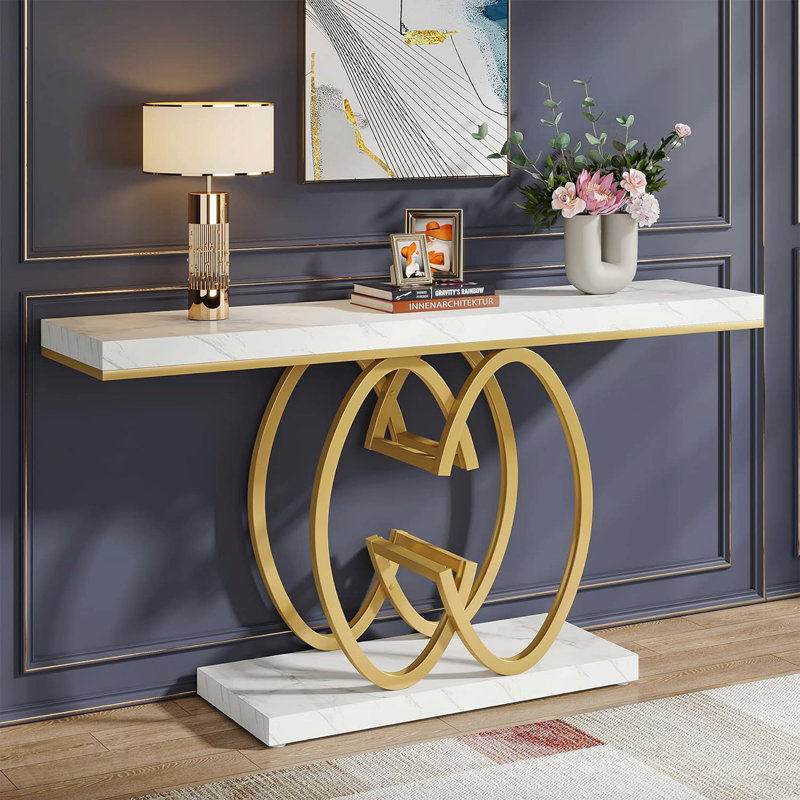 Console 55 po en faux marbre, cadre géométrique doré pour le salon - blanc / or