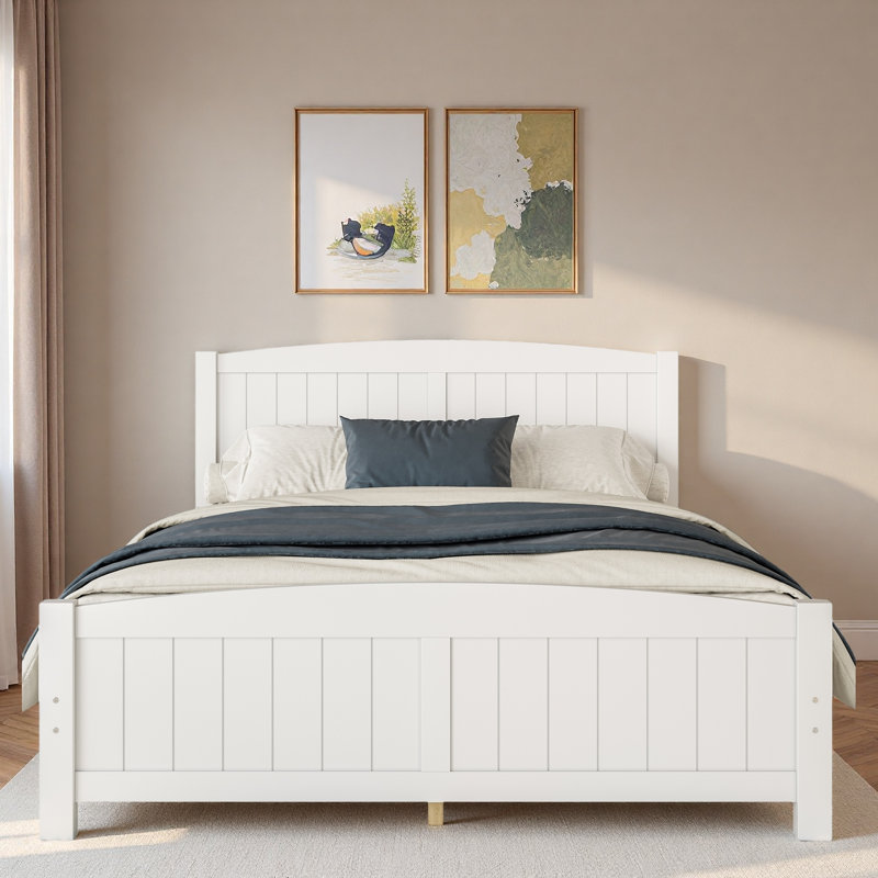 Lit plateforme en bois avec lignes décoratives et lattes de soutien, Blanc clair, Grand