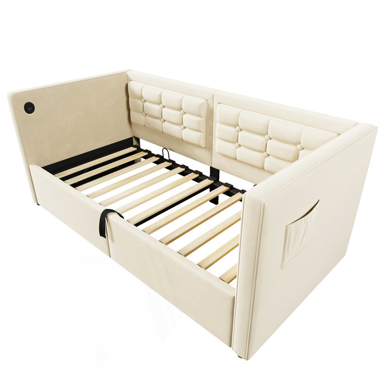 Upholstered Twin Size Daybed, Hydraulic Storage Twin Bed Frame With USB & Type-C Charging, Bed Frame With Wooden Slats And Tufted Sofa Back, Beige, Velvet (Without Mattress)