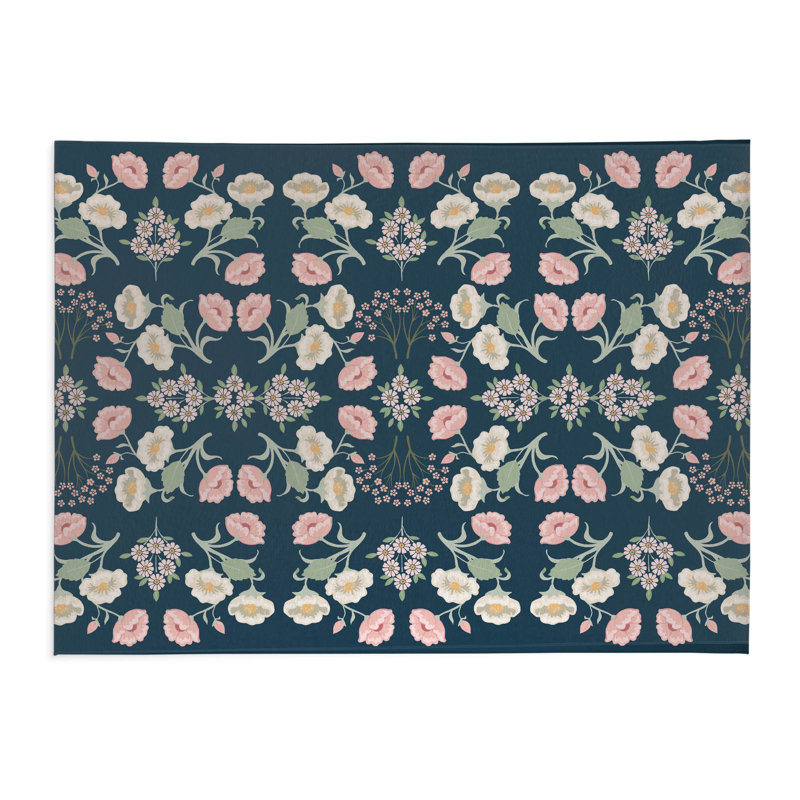 Tapis de cuisine antidérapant May Flowers, Marine, Rectangle 5 pi x 7 pi
