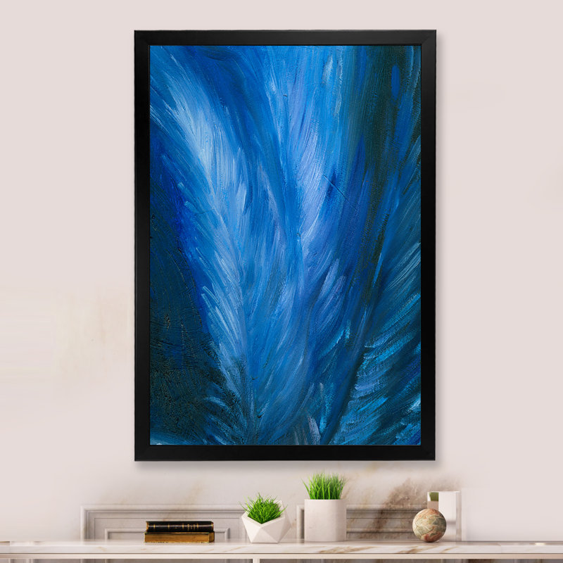 Plume bleue moderne - Peinture sur toile, Cadre noir, H 20 po x l 12 po x P 1 po