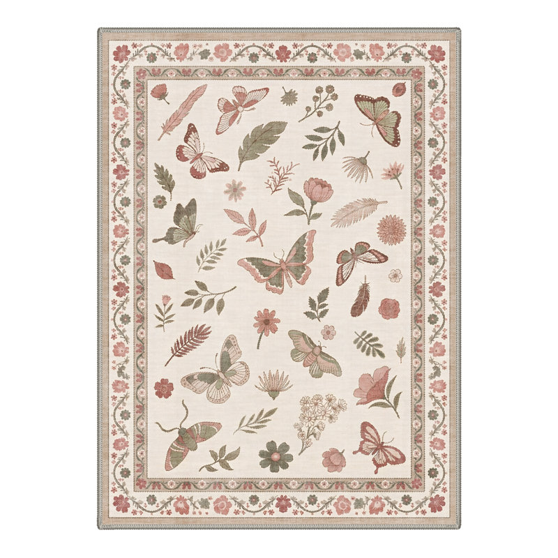 Adonis Seraph Floral Machine Washable Beige / Green / Pink Indoor Area Rug with Non-Slip Backing, Rectangle 6' x 9'