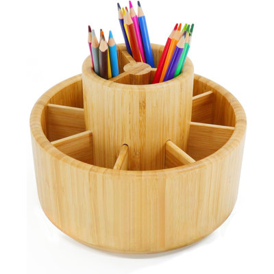 Bamboo Rotating Art Supply Desk Organizer, Pencil Holder Desktop Desktop Storage Caddy for Pen, Colored Pencil, Crayon, Paint Brushes, Art Studio & Office