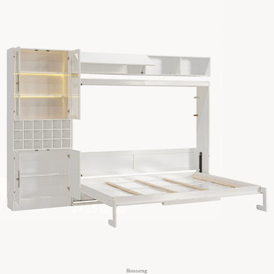 Lit escamotable Queen avec canapé, étagères, port USB et éclairage, blanc