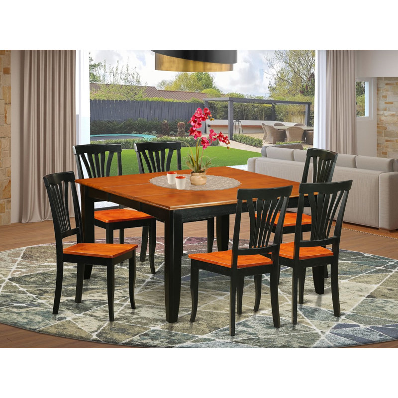 Ensemble de mobilier de salle à manger 7 pièces composé d'une table de cuisine carrée avec rallonge papillon et 6 chaises, noir et cerise