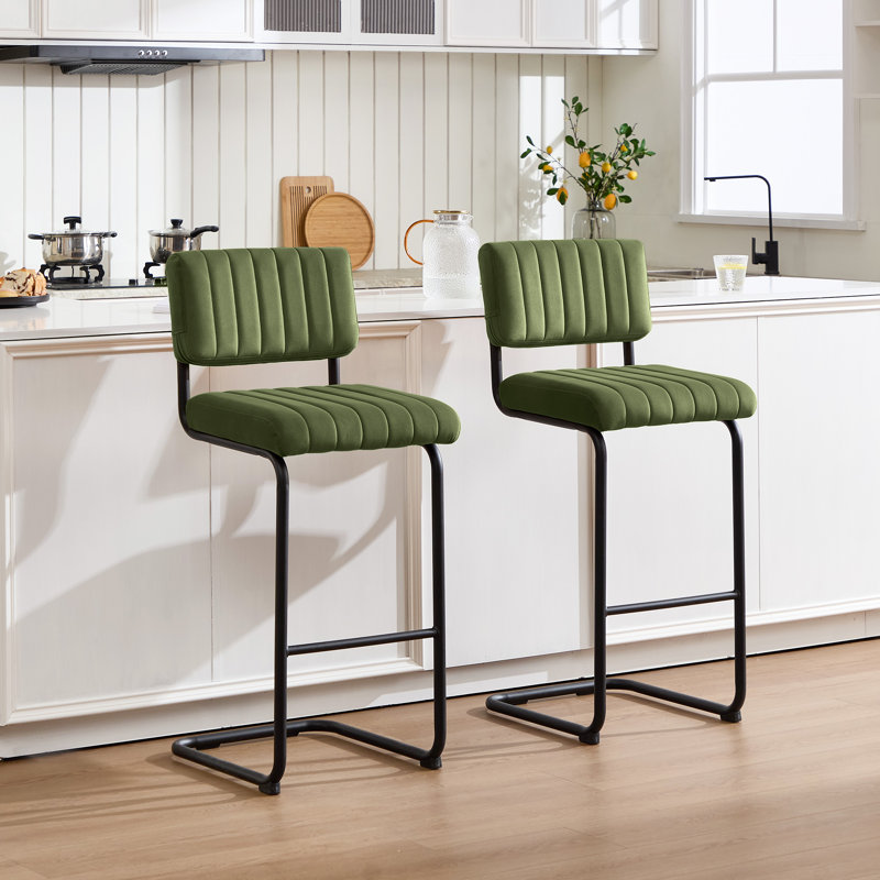 Ambrine Low Back Tufted Velvet Upholstered Counter/Bar Stool with Steel Sled Frame, Olive Green, Bar Stool (Seat Height: 30")