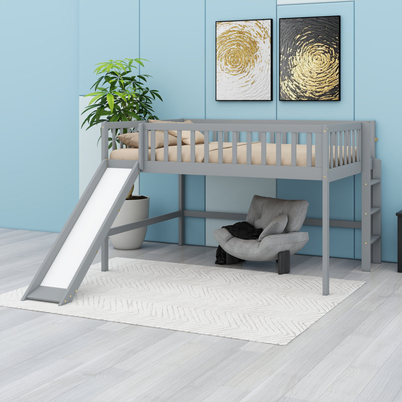 Solid Wood Floor Loft Bed With Slide And Ladder, Gray