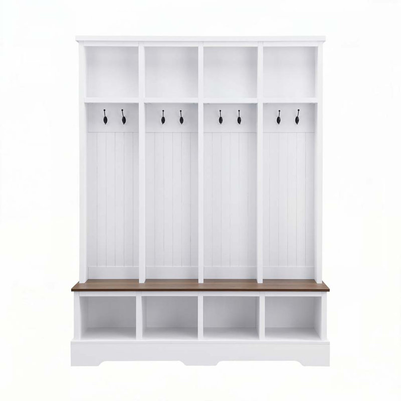 Farmhouse 59"W Wide Hall Tree with 8 Hooks, White