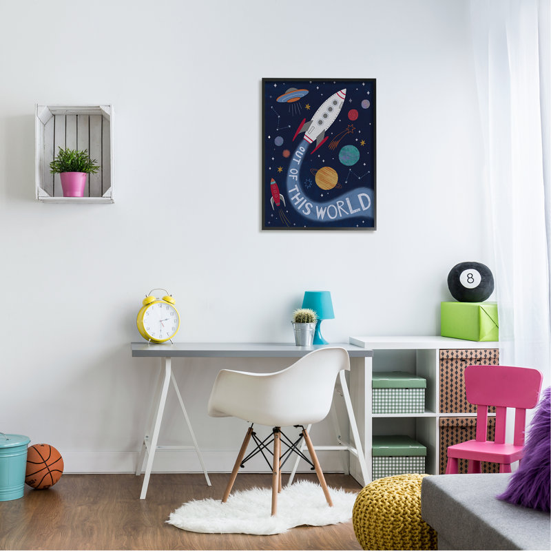 «Out Of This World Text Flying Rocket Ship Galaxy» par Nina Seven - impression, L 24 po x H 30 po