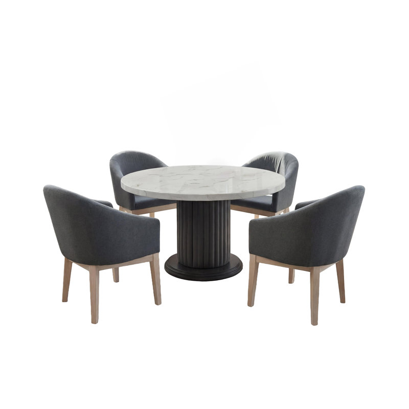 Ensemble de table de salle à manger 5 pièces 5 pièces avec plateau en faux marbre blanc 54 po, piédestal cannelé gris et 4 chaises demi-tonneau rembourrées grises