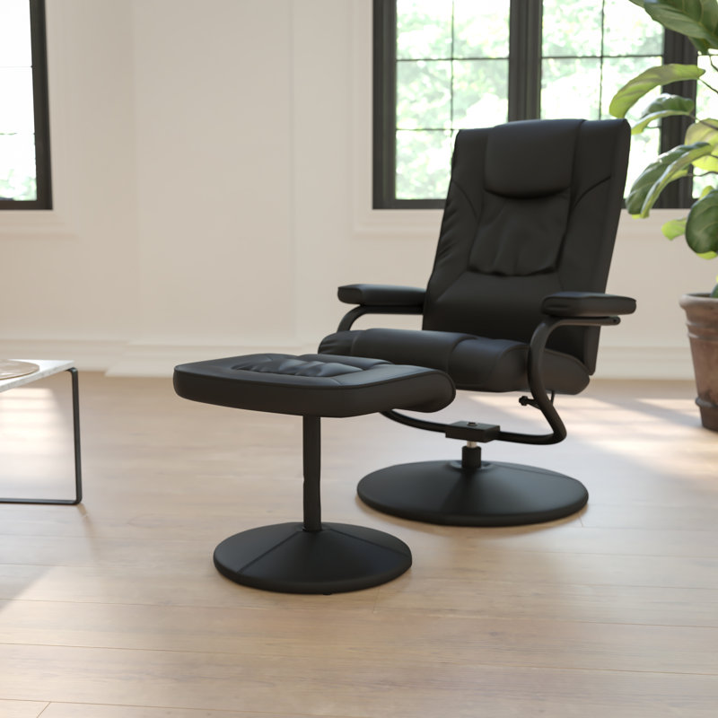 Contemporary Multi-Position Recliner and Ottoman with Wrapped Base, Black